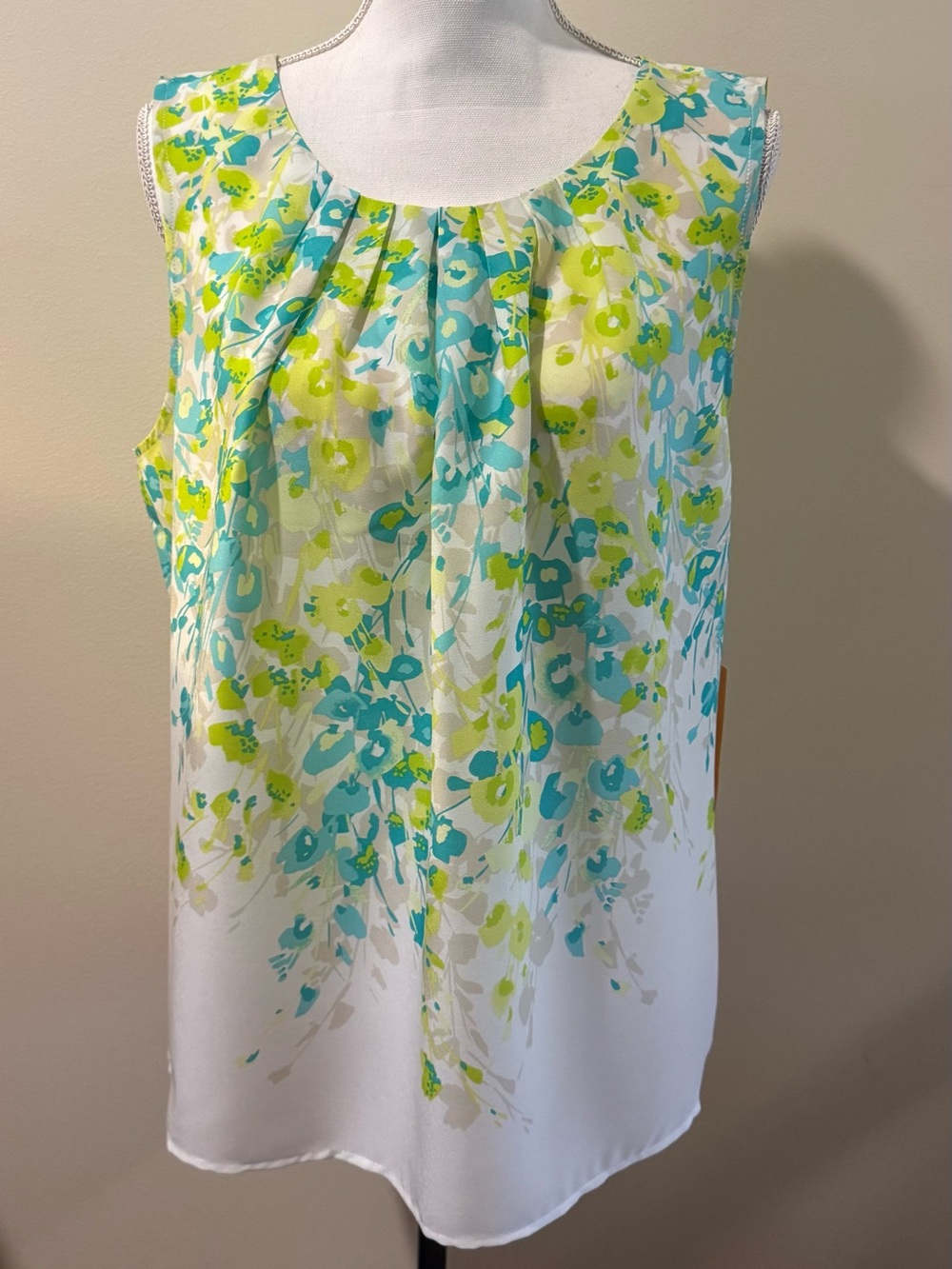 Ruby Rd. Sleeveless Floral Pleat Front Top with Aqua & Lime Accents